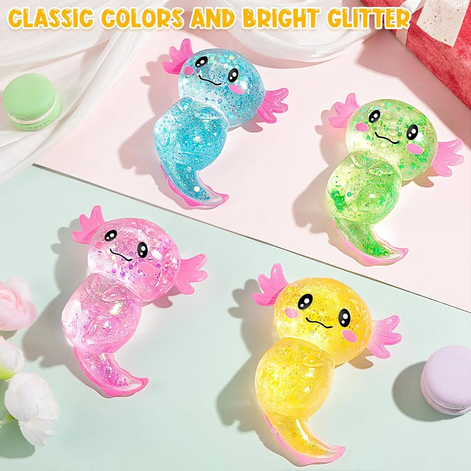 Squishy Axolotl Stress Relief Toy Glitter Malt Sugar Amphibian Fidget Toy for Kids Soothing Birthday Party Favors Gift