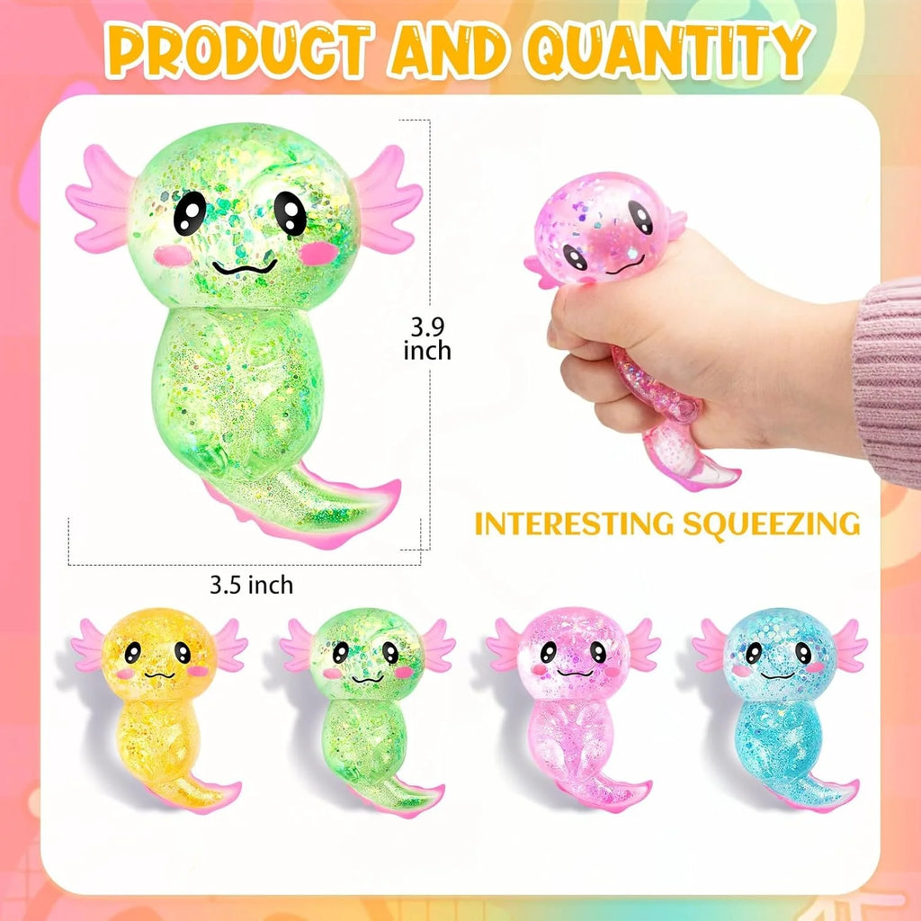 Squishy Axolotl Stress Relief Toy Glitter Malt Sugar Amphibian Fidget Toy for Kids Soothing Birthday Party Favors Gift